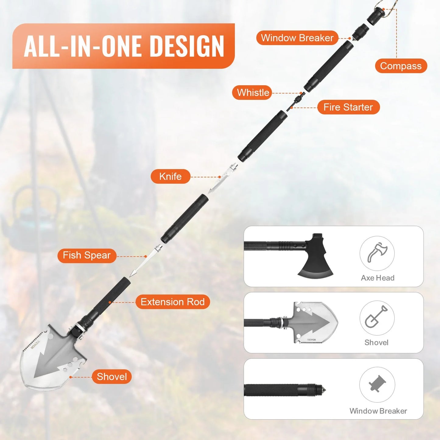 Survival Shovel Survival Axe 16-In-1 Camping Folding Shovels with Hatchet