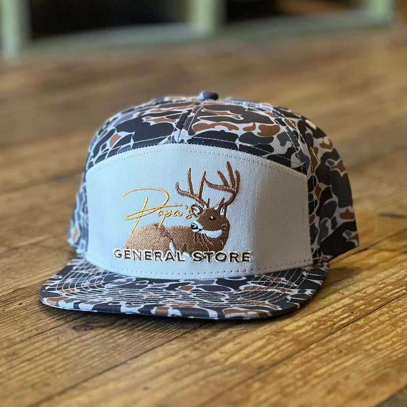 The Bedded Buck Black Old School Camo 7 Panel PGS Trucker Hat