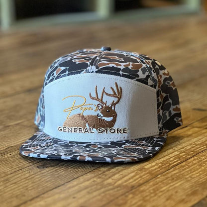 The Bedded Buck Black Old School Camo 7 Panel PGS Trucker Hat