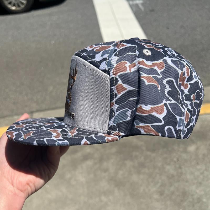 The Bedded Buck Black Old School Camo 7 Panel PGS Trucker Hat