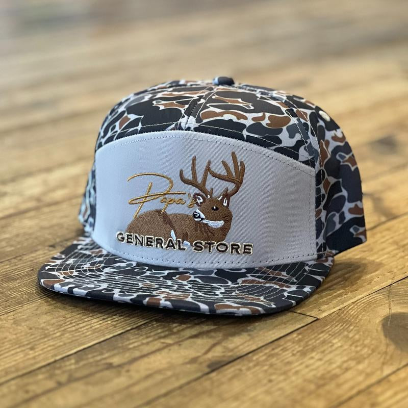 The Bedded Buck Black Old School Camo 7 Panel PGS Trucker Hat