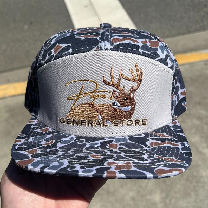 The Bedded Buck Black Old School Camo 7 Panel PGS Trucker Hat