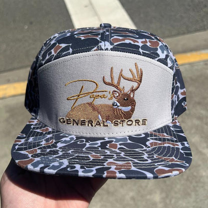 The Bedded Buck Black Old School Camo 7 Panel PGS Trucker Hat