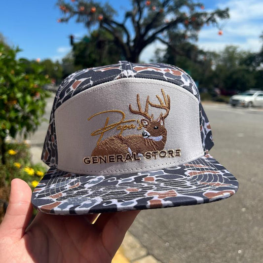 The Bedded Buck Black Old School Camo 7 Panel PGS Trucker Hat
