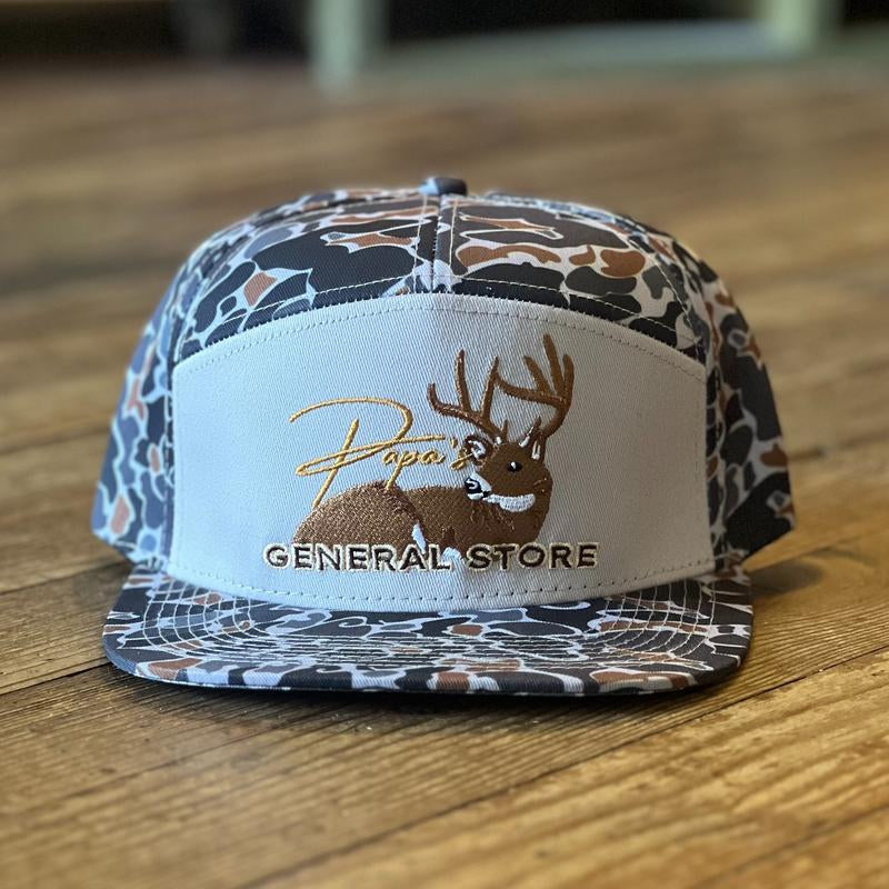 The Bedded Buck Black Old School Camo 7 Panel PGS Trucker Hat