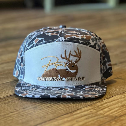 The Bedded Buck Black Old School Camo 7 Panel PGS Trucker Hat