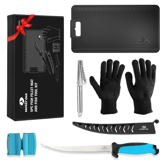 MOSSY OAK Fish Fillet Knife Set, 5 PCS Fish Cleaning Kit Includes 7" Fishing Knife, Non-Slip Fish Fillet Mat, Knife Sharpener, Fish Scaler Remover and Cut Resistant Gloves, Fishing Accessories Gifts