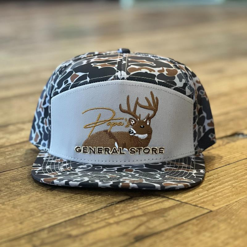 The Bedded Buck Black Old School Camo 7 Panel PGS Trucker Hat