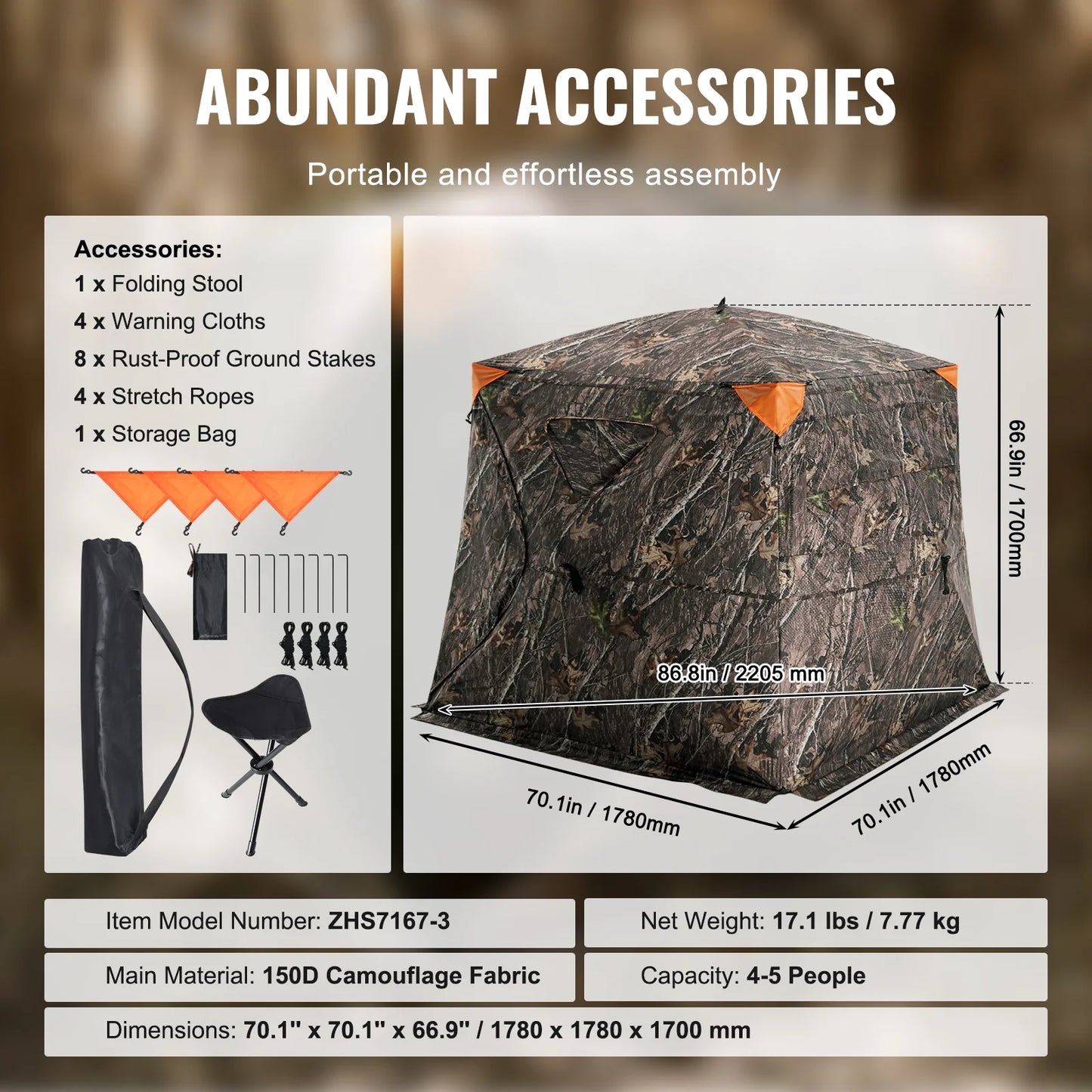 Hunting Shelter, 270° Visibility Ground Shelter, 4-5 Person Instant Setup Wildlife Blind with Transport Bag, Durable Outdoor Hunting Hub
