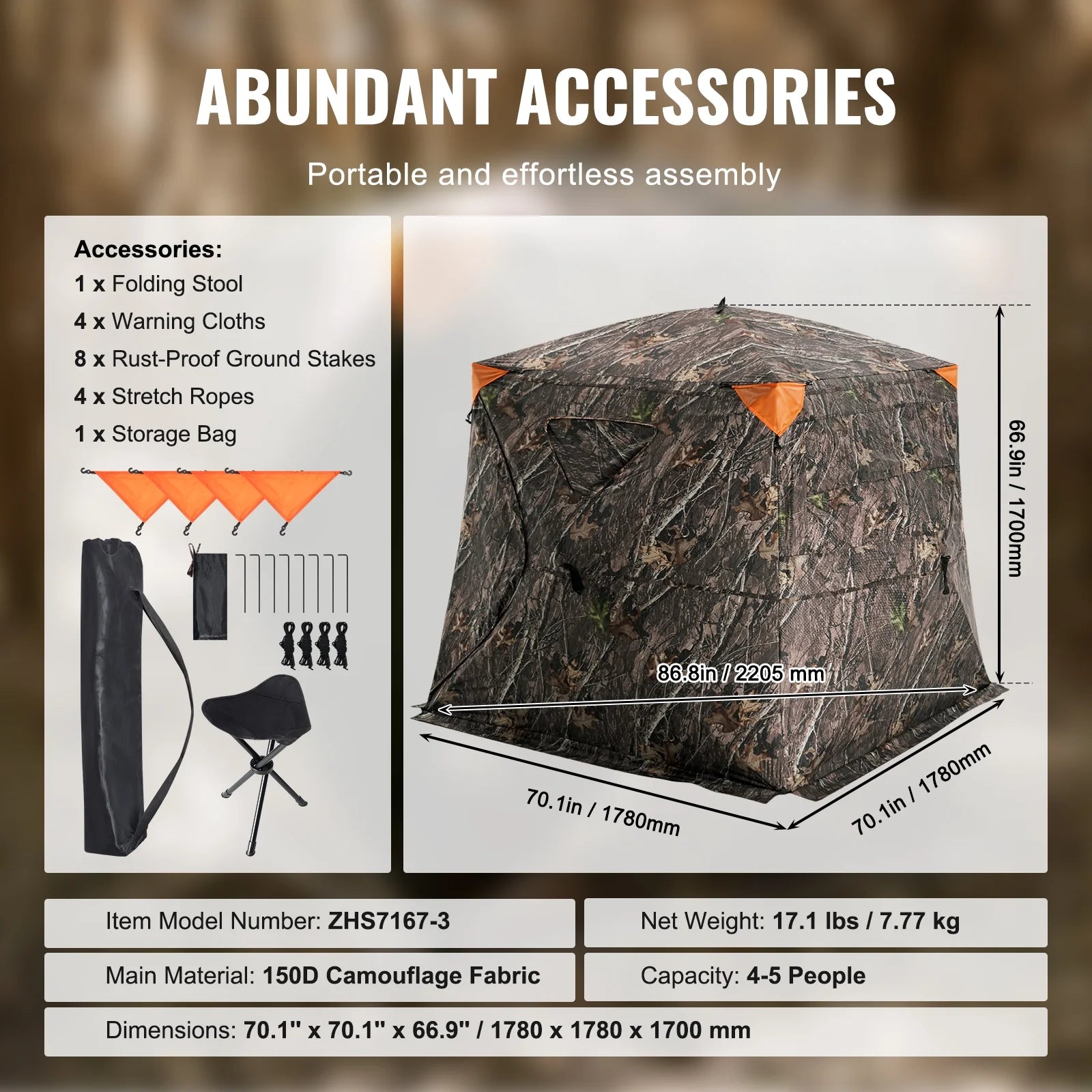 Hunting Shelter, 270° Visibility Ground Shelter, 4-5 Person Instant Setup Wildlife Blind with Transport Bag, Durable Outdoor Hunting Hub