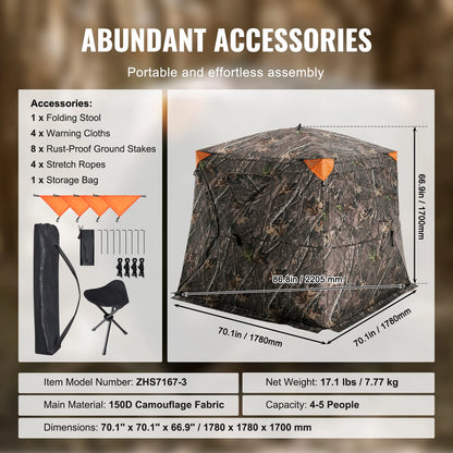 Hunting Shelter, 270° Visibility Ground Shelter, 4-5 Person Instant Setup Wildlife Blind with Transport Bag, Durable Outdoor Hunting Hub
