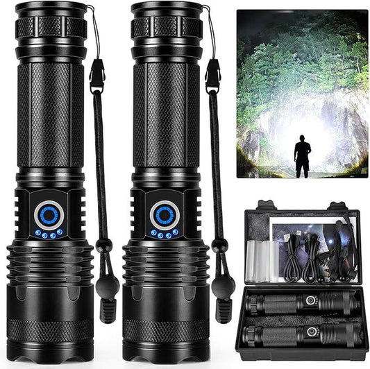 2 Pack-Portable LED Strong Light Flashlight,Ipx6 Waterproof , 5 Light Modes,Usb Rechargeable Telescopic Zoom Torch, Multi-Functional Outdoor Lamp for Outdoor Camping Hiking, Emergency Use,#Springtok