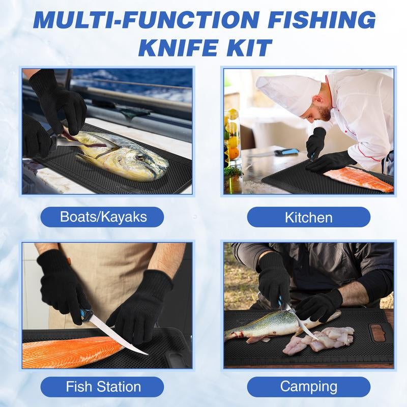 MOSSY OAK Fish Fillet Knife Set, 5 PCS Fish Cleaning Kit Includes 7" Fishing Knife, Non-Slip Fish Fillet Mat, Knife Sharpener, Fish Scaler Remover and Cut Resistant Gloves, Fishing Accessories Gifts