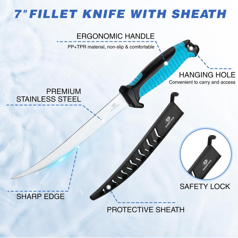 MOSSY OAK Fish Fillet Knife Set, 5 PCS Fish Cleaning Kit Includes 7" Fishing Knife, Non-Slip Fish Fillet Mat, Knife Sharpener, Fish Scaler Remover and Cut Resistant Gloves, Fishing Accessories Gifts