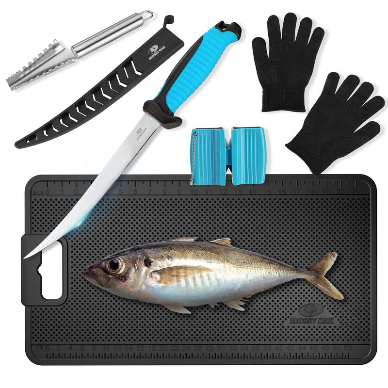 MOSSY OAK Fish Fillet Knife Set, 5 PCS Fish Cleaning Kit Includes 7" Fishing Knife, Non-Slip Fish Fillet Mat, Knife Sharpener, Fish Scaler Remover and Cut Resistant Gloves, Fishing Accessories Gifts