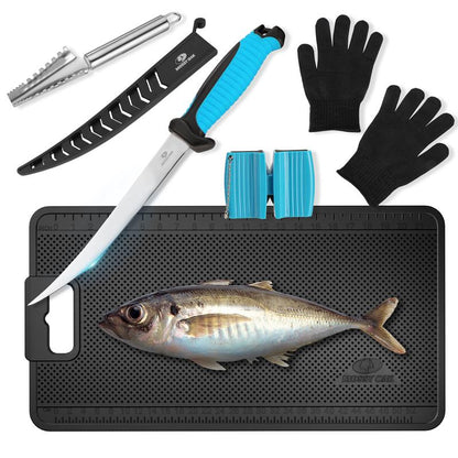 MOSSY OAK Fish Fillet Knife Set, 5 PCS Fish Cleaning Kit Includes 7" Fishing Knife, Non-Slip Fish Fillet Mat, Knife Sharpener, Fish Scaler Remover and Cut Resistant Gloves, Fishing Accessories Gifts