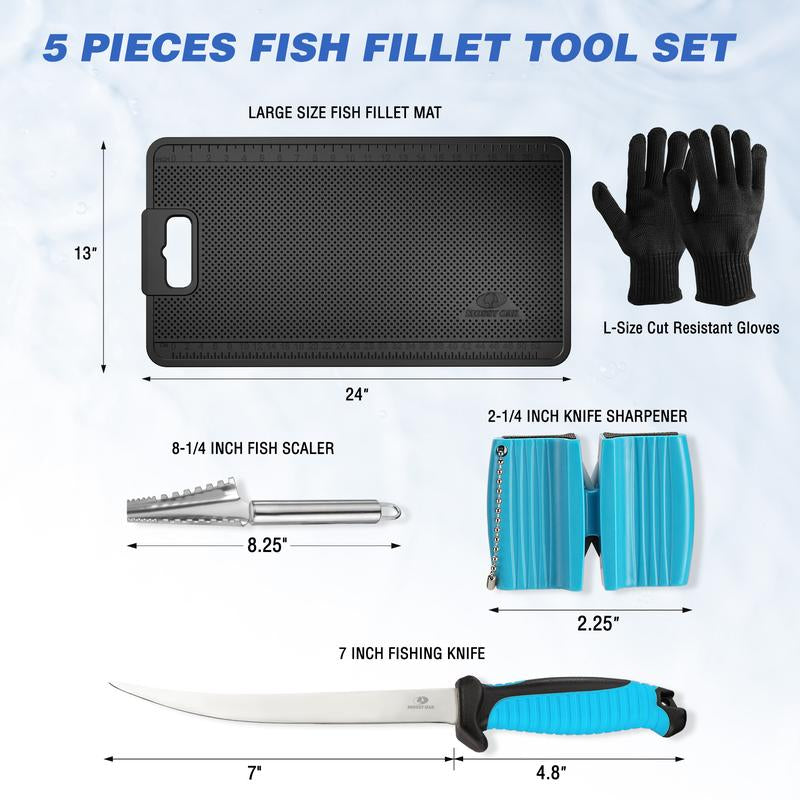 MOSSY OAK Fish Fillet Knife Set, 5 PCS Fish Cleaning Kit Includes 7" Fishing Knife, Non-Slip Fish Fillet Mat, Knife Sharpener, Fish Scaler Remover and Cut Resistant Gloves, Fishing Accessories Gifts