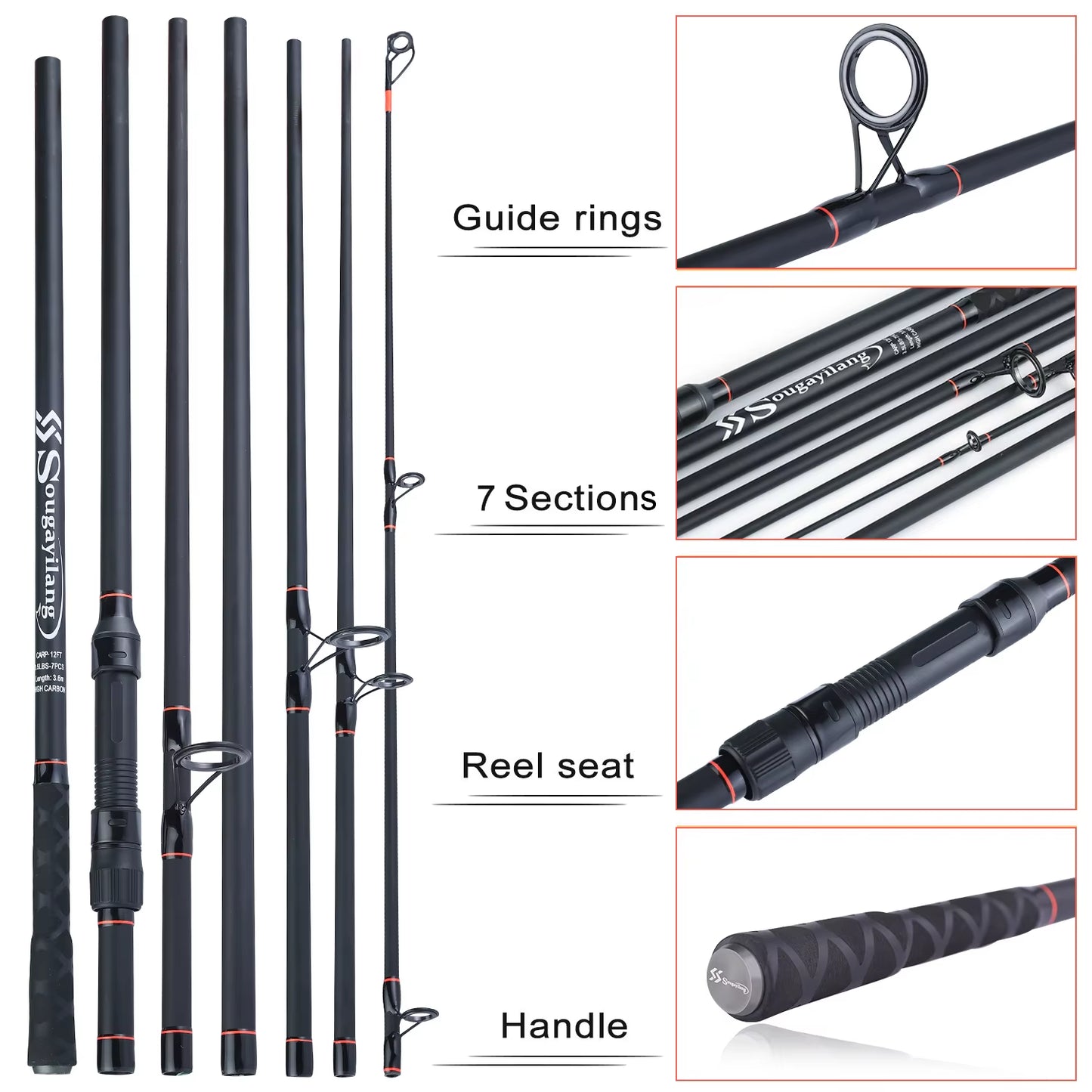 3.0M/3.6M 6/7 Sections Portable Carbon Fiber Carp Fishing Rod - Travel Fishing Pole and Tackle